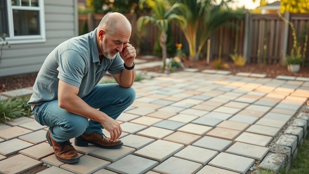 Disappointed homeowner inspecting uneven patio work in San Diego - hardscape installation san diego ca, cracked pavers, backyard flaws visible