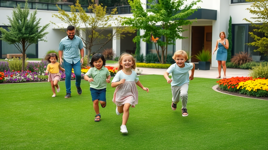 lush green artificial turf and vibrant landscaping, children playing, colorful flowers and specimen trees - outdoor living spaces san diego ca