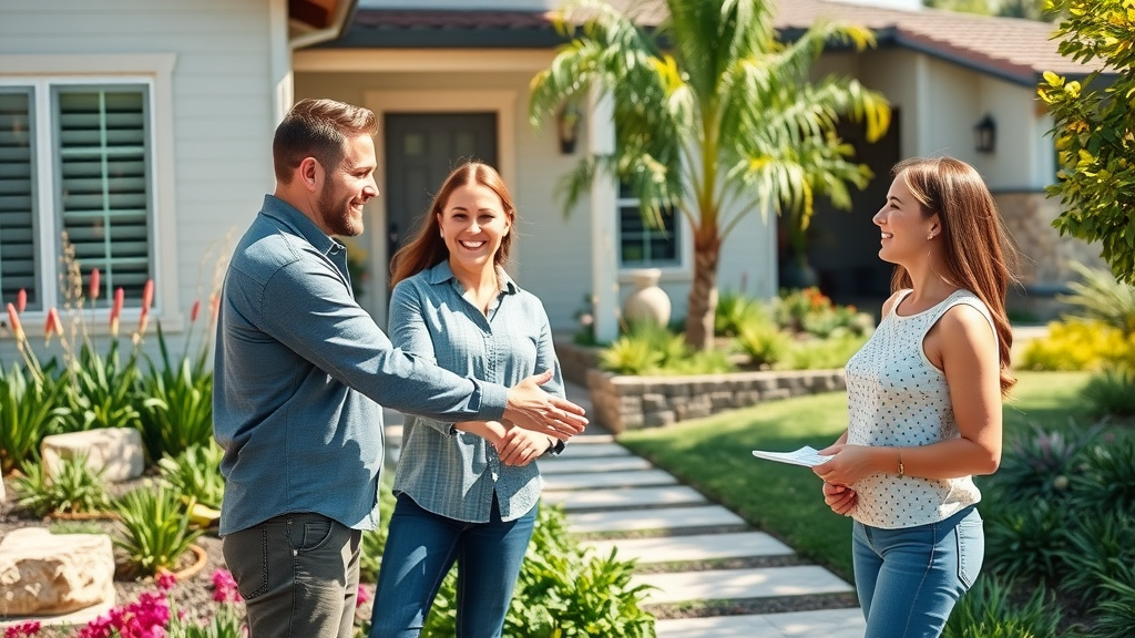 landscape contractors San Diego CA and happy homeowners celebrate outdoor living space transformation with new front yard design