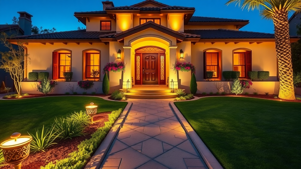 Inviting San Diego home front yard with glowing exterior landscape lighting for curb appeal and safety - exterior lighting san diego