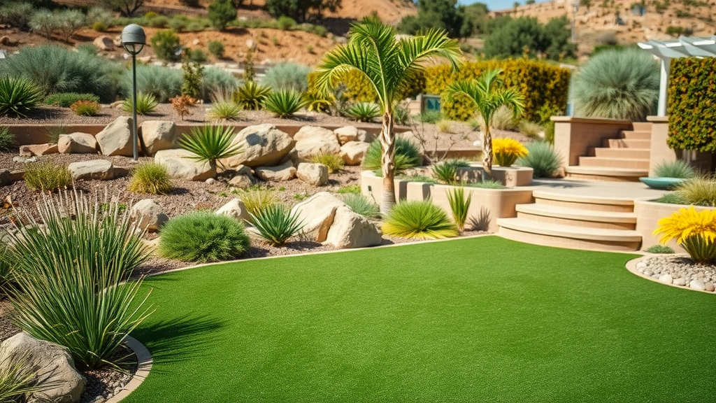 Eco-friendly water-wise backyard design in San Diego CA with synthetic turf and drought-tolerant landscaping