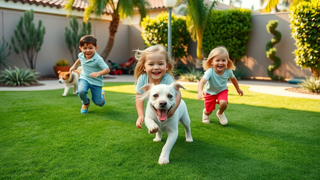 Vibrant synthetic turf and artificial grass in San Diego CA family backyard, children playing, pet-friendly outdoor space