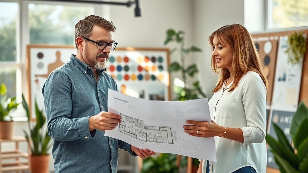 Professional landscape designer consulting with clients about hardscape installation san diego ca plans, blueprints and material samples in design studio
