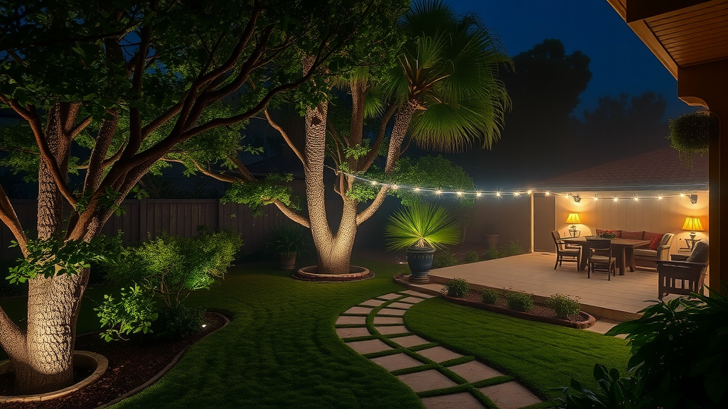 Layered outdoor landscape lighting illuminating backyard patio and landscaping - outdoor lighting san diego ca