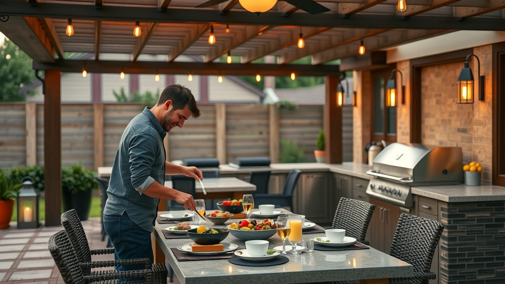 elegant outdoor kitchen and dining area with couple preparing a meal, stylish pergola, built-in grill, tiled countertops - outdoor living spaces san diego ca