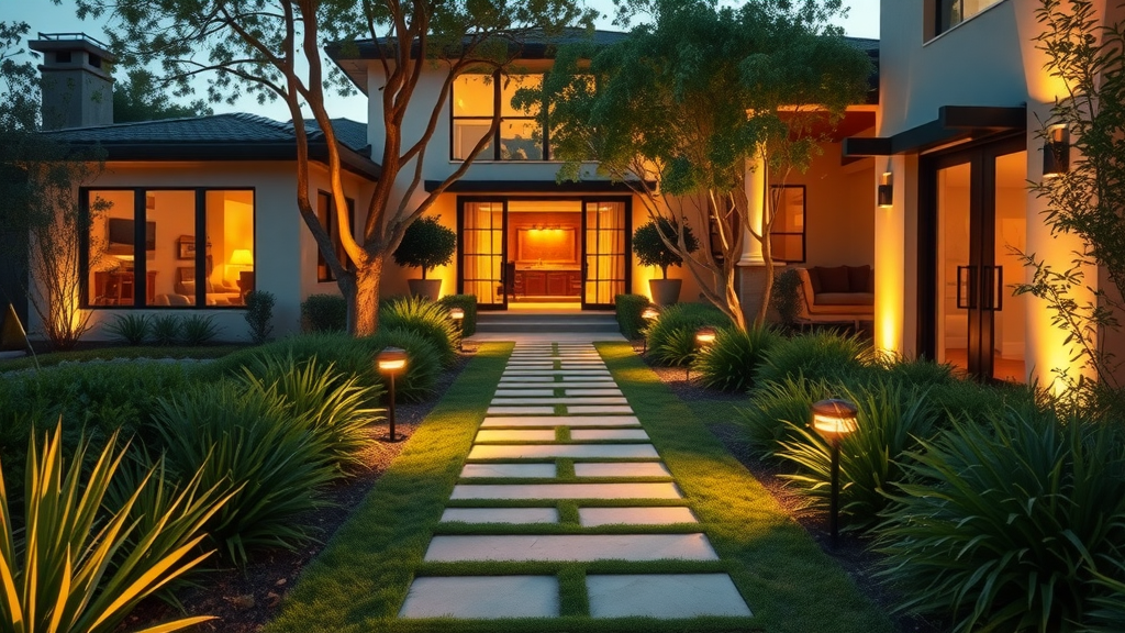 Stunning modern San Diego backyard with elegant landscape lighting, warm ambiance, and lush green landscaping - landscape lighting san diego ca