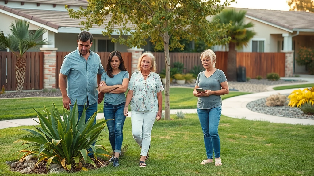 dismayed homeowners assessing failed landscape renovations San Diego CA, wilted plants and patchy grass in southern California suburban front yard