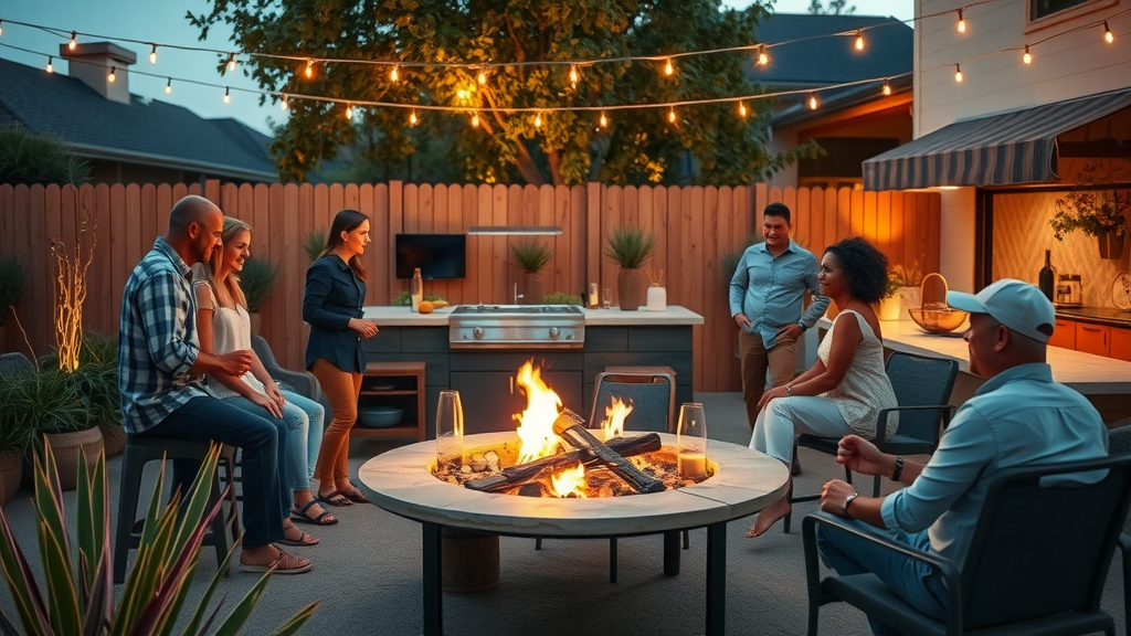 modern San Diego backyard featuring outdoor kitchen, fire pit, and ambient lighting, guests enjoying outdoor living experience