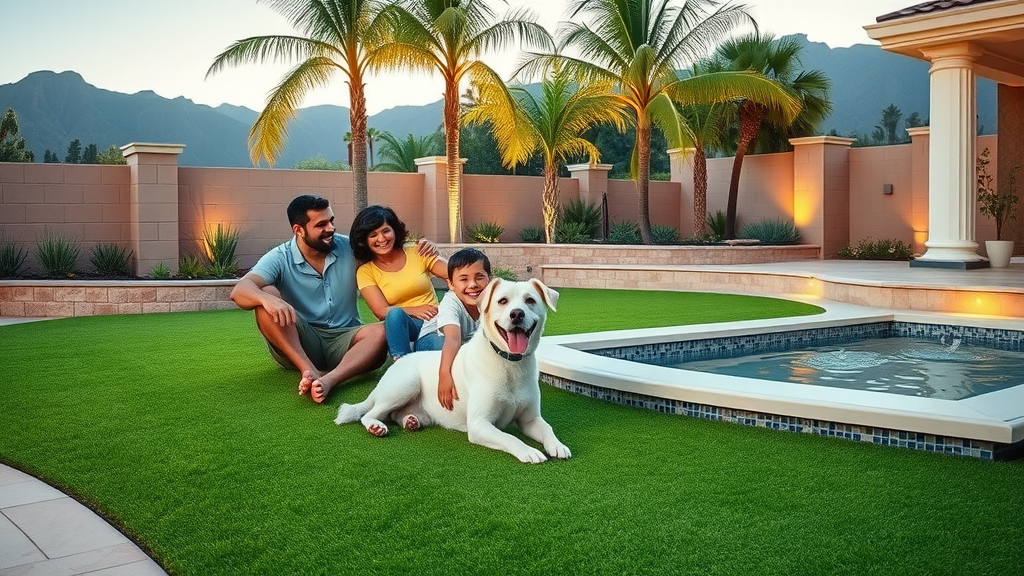 family enjoying landscape renovations San Diego CA with artificial turf, water feature, and custom retaining wall in modern backyard