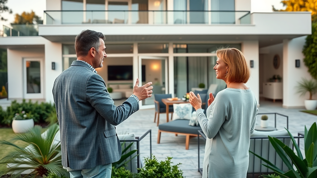 stylish outdoor living area facing modern home, real estate agent showing features to couple, manicured garden and patio furniture - outdoor living spaces san diego ca