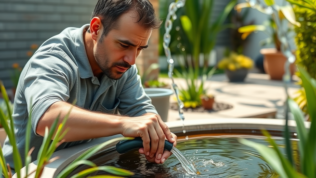 San Diego gardener maintaining water feature, backyard with native plants, glistening water