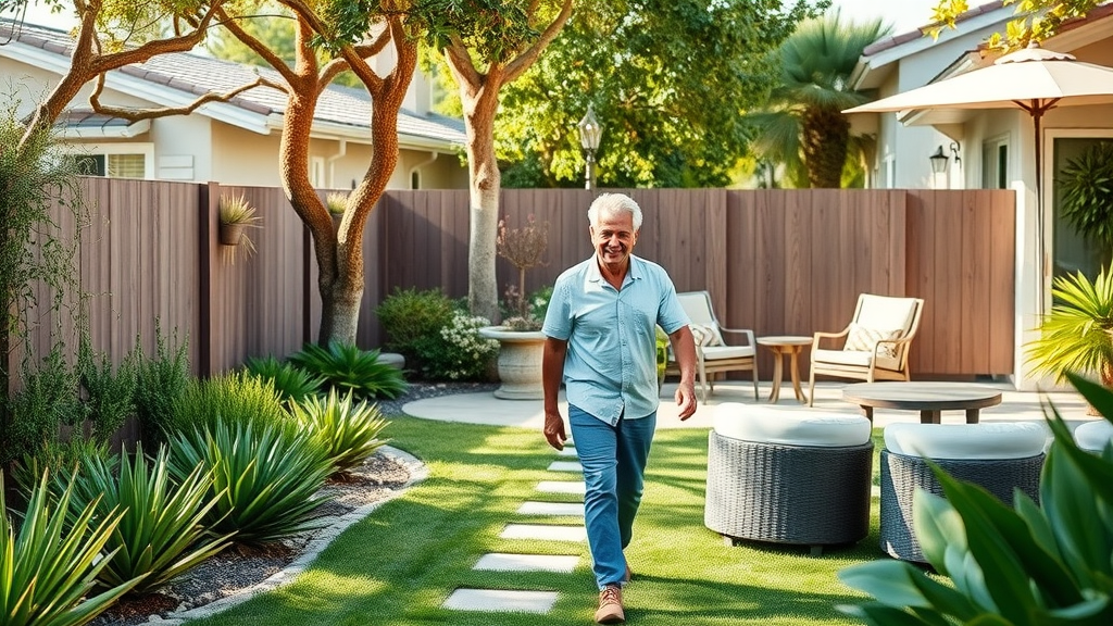 lush revitalized San Diego backyard with joyful homeowners admiring their drought-tolerant garden and modern patio furnishings