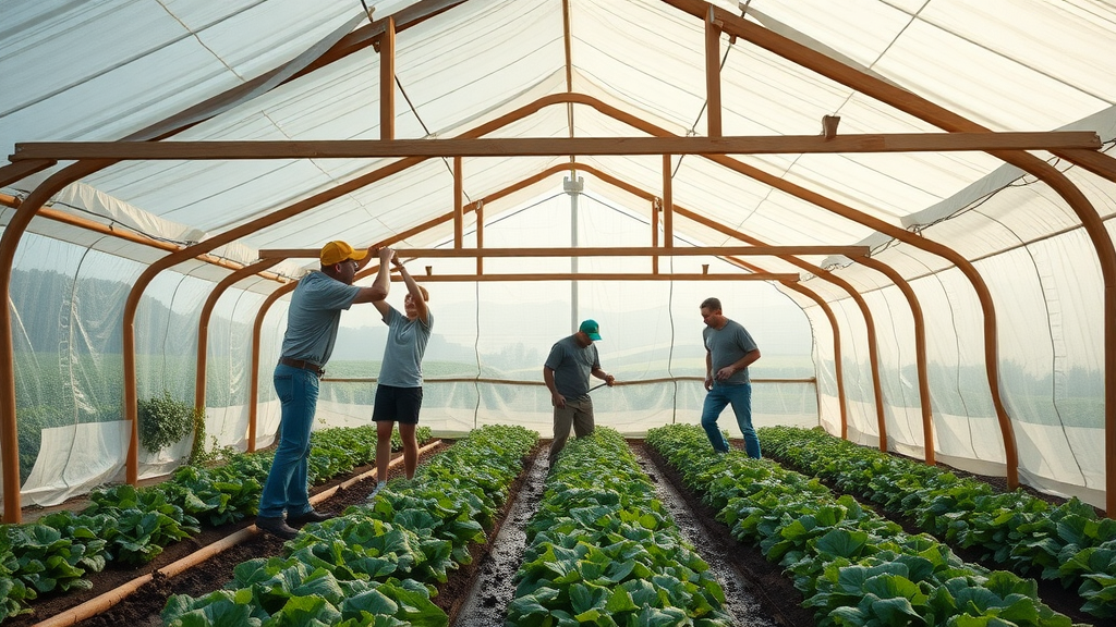 gardeners assembling high tunnel over winter vegetable garden for dry winter gardening