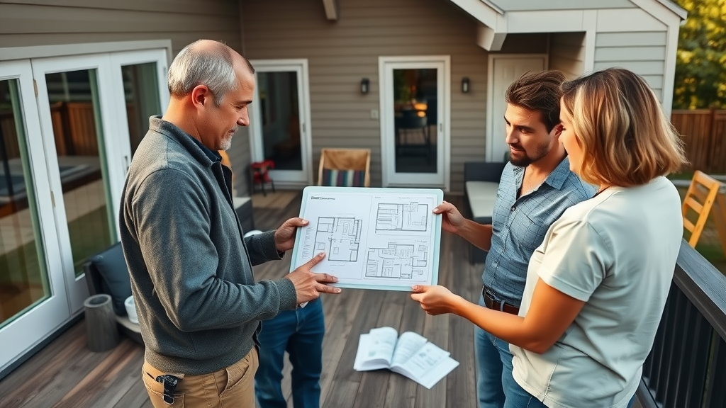 Spacious patio with premium finishes, deck contractor explaining construction cost breakdown, patio construction san diego ca, digital tablet, design sketches