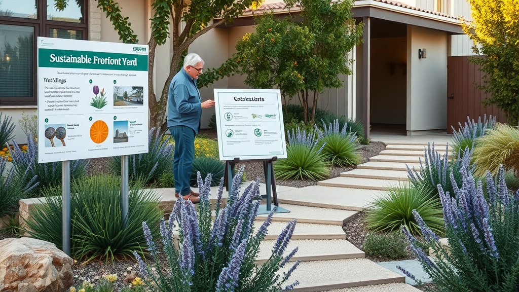 modern sustainable front yard design in San Diego with drought-tolerant plants, eco-friendly pathways, and homeowner inspecting landscape