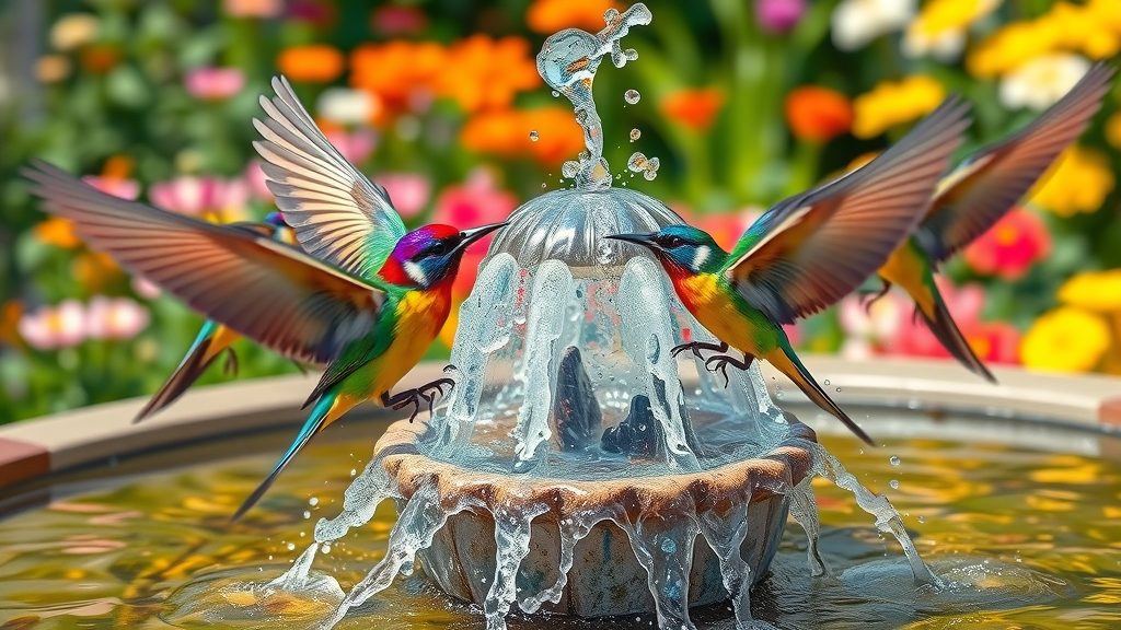colorful birds around bubbling outdoor water fountain, water features san diego ca, lush garden