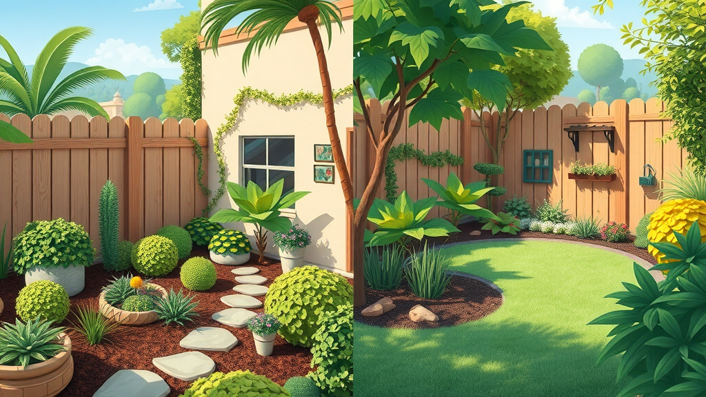 split-view landscaping and maintenance, san diego, installation vs. garden care, vibrant green, instructional