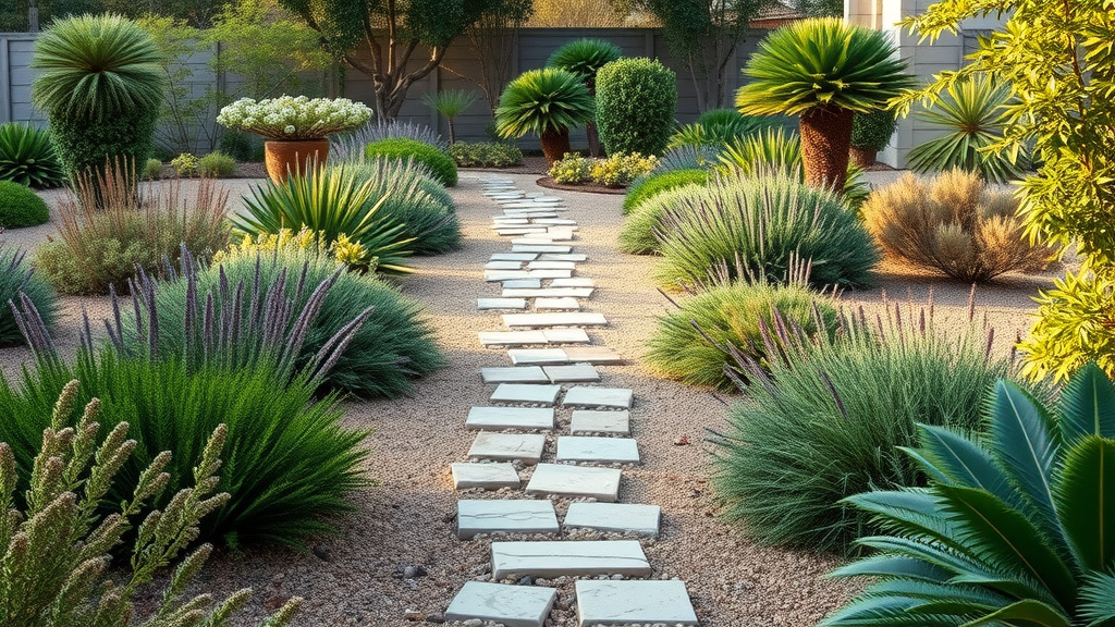 garden path in San Diego with plant groupings in threes for sustainable landscaping and visual interest