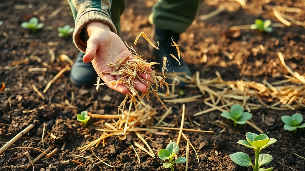 gardener applying mulch to winter garden bed for moisture retention in dry winter gardening