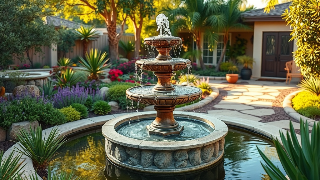 lush San Diego backyard garden featuring a grand tiered water fountain, water features san diego ca, vibrant California native plants