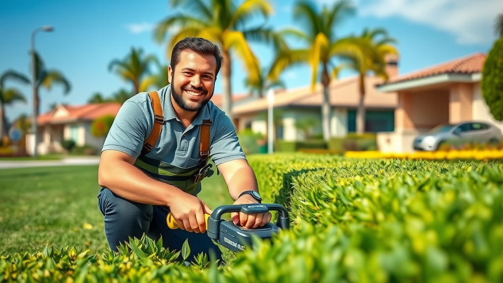 lush Californian landscape, professional gardener performing landscape maintenance san diego ca, green lawn, palm trees, suburban neighborhood, clear sky, detailed foliage