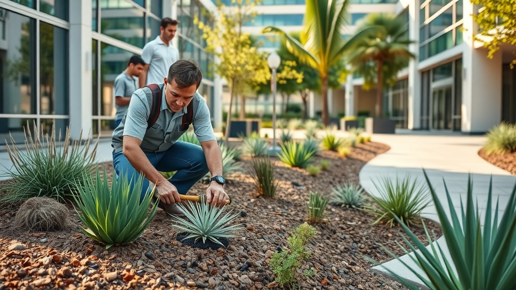 commercial landscape, modern office complex, professional landscaper, planting drought-tolerant succulents, san diego business park, pathway lighting
