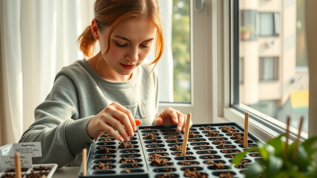 gardener planting seeds indoors for dry winter gardening in San Diego