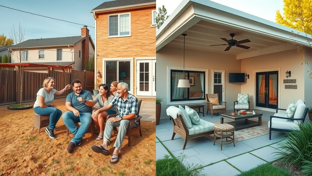 Before and after backyard patio renovation, patio construction san diego ca, delighted family, elegant patio cover and landscaping