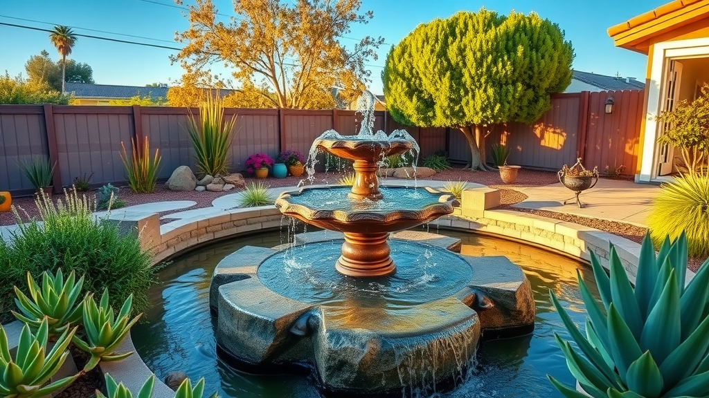 San Diego backyard with water features, bubbling fountain in drought-tolerant landscaping, native California plants, clear blue sky, golden hour lighting