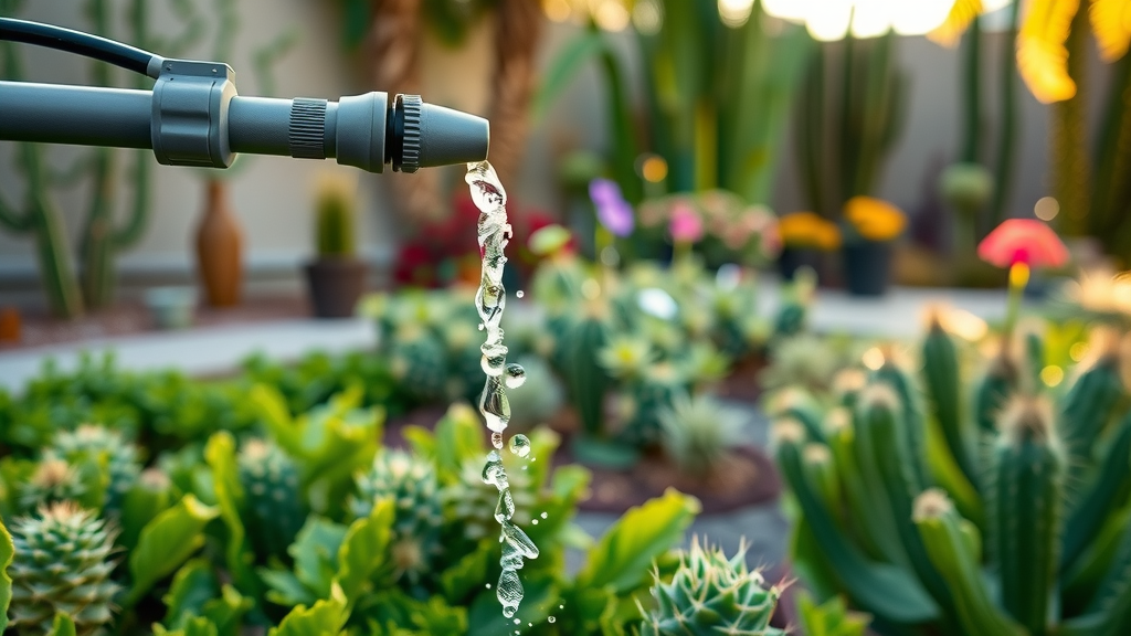 irrigation system, efficient water management, landscape maintenance san diego ca, water droplets, healthy beds, lush backyard, cacti
