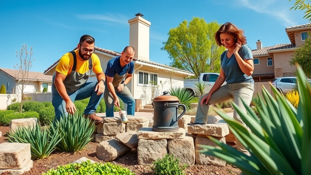 Award-winning landscape contractor team working in a San Diego garden, installing drought-tolerant plants and modern outdoor features