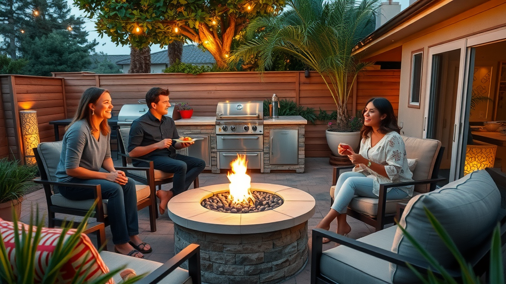 Trendy outdoor kitchen with fire pit, grill, and modern seating in a lush San Diego backyard filled with drought-tolerant plants