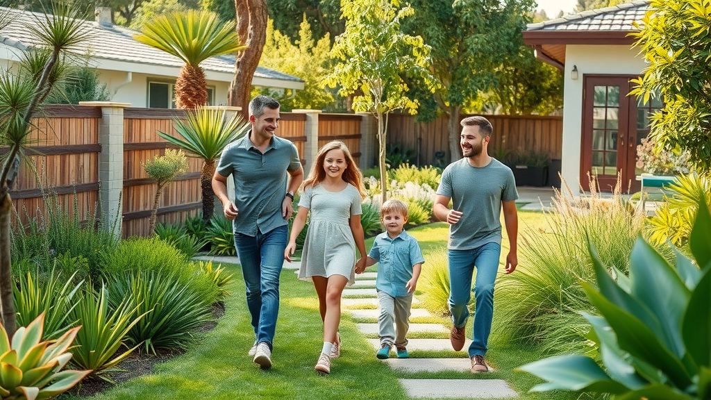 lush eco-friendly backyard in San Diego with sustainable landscaping, cheerful family in vibrant, native plant garden