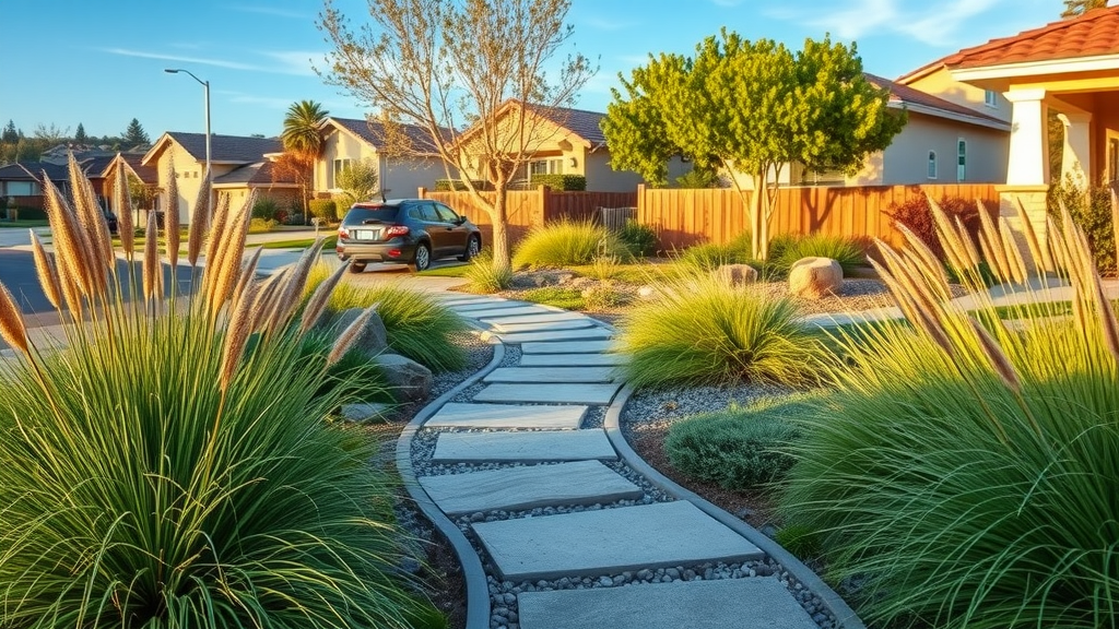 front yard landscape design san diego ca native plants walkway golden hour