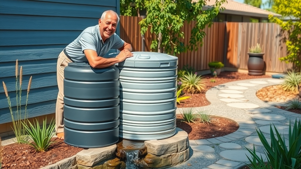 rainwater harvesting feature in a San Diego backyard with eco-friendly design and homeowner adjusting barrel