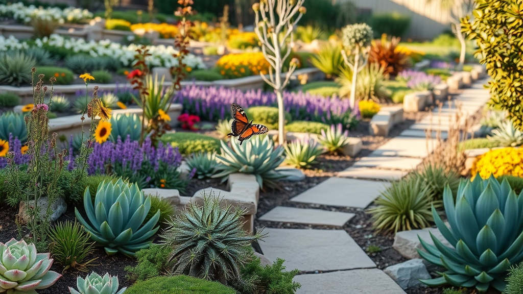 picturesque San Diego backyard with vibrant drought-tolerant succulents, native plants, stone pathways in a sunny winter garden setting