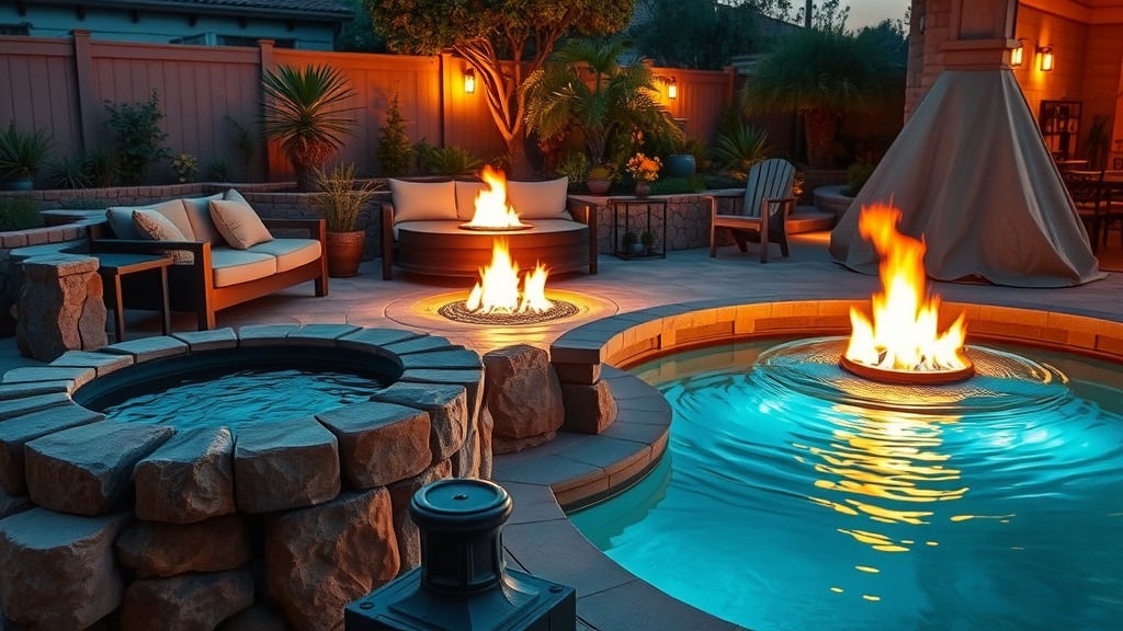 water feature with adjacent fire pit in San Diego garden, outdoor living space with decorative water fountain