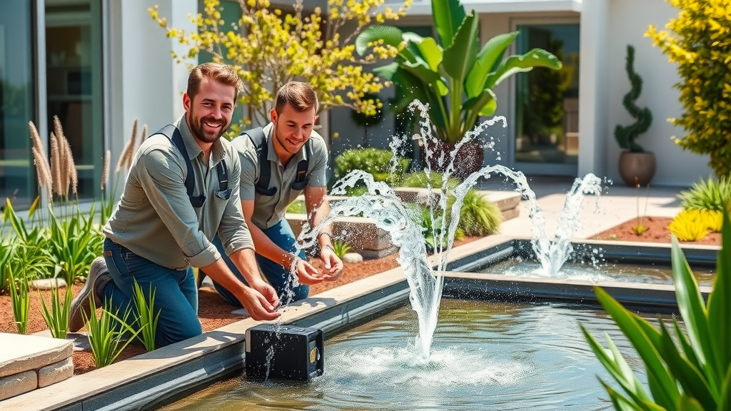 San Diego County water feature installers, installing modern water garden in luxury home, sunlit backyard, vibrant plants