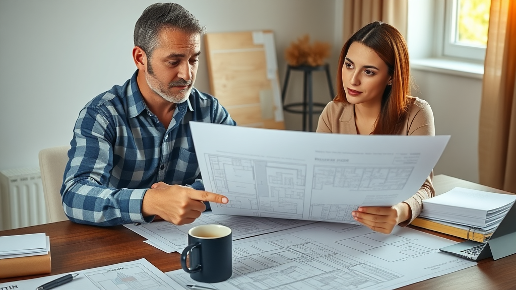 Contractor and homeowner reviewing patio construction permits, patio construction san diego ca, building plans and city paperwork