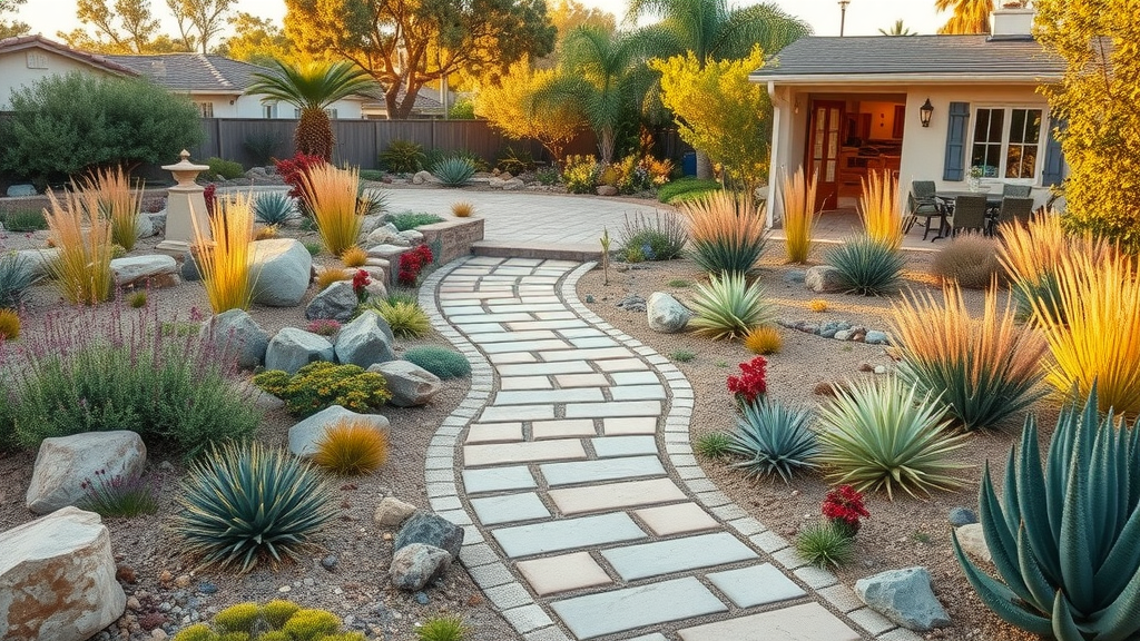 xeriscape front yard with drought-tolerant plants and permeable paving in San Diego - landscape renovation for dry winter gardening