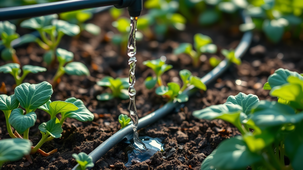 drip irrigation system watering winter crops in dry winter garden bed