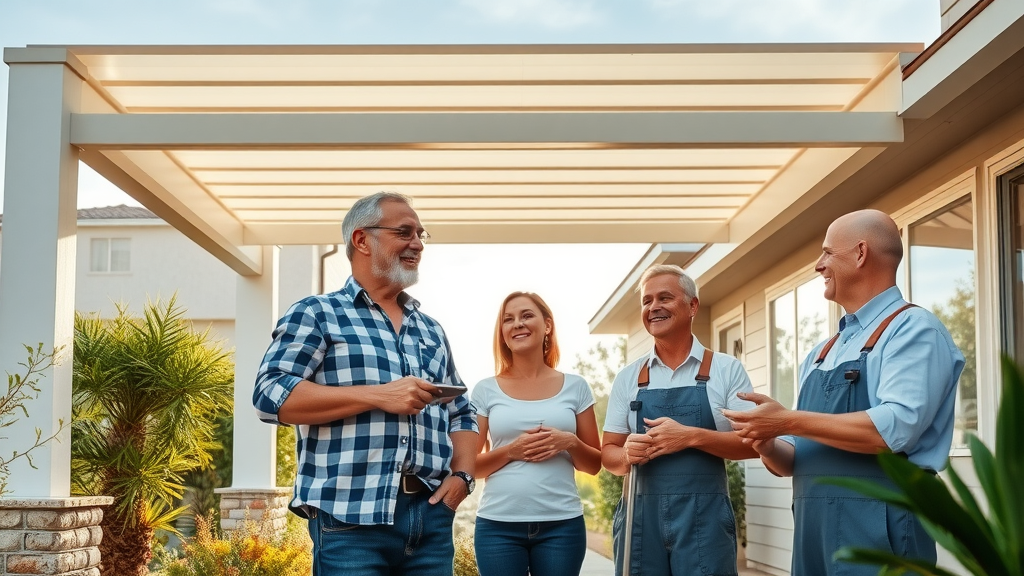 Elegant custom patio cover installation in San Diego CA, patio construction san diego ca, modern covers, admiring homeowners