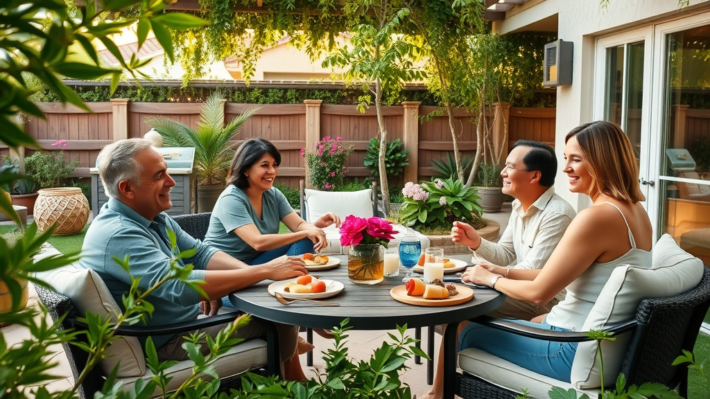 Lush inviting San Diego backyard patio with family relaxing and enjoying meal, patio construction san diego ca, stylish outdoor furniture, vibrant greenery