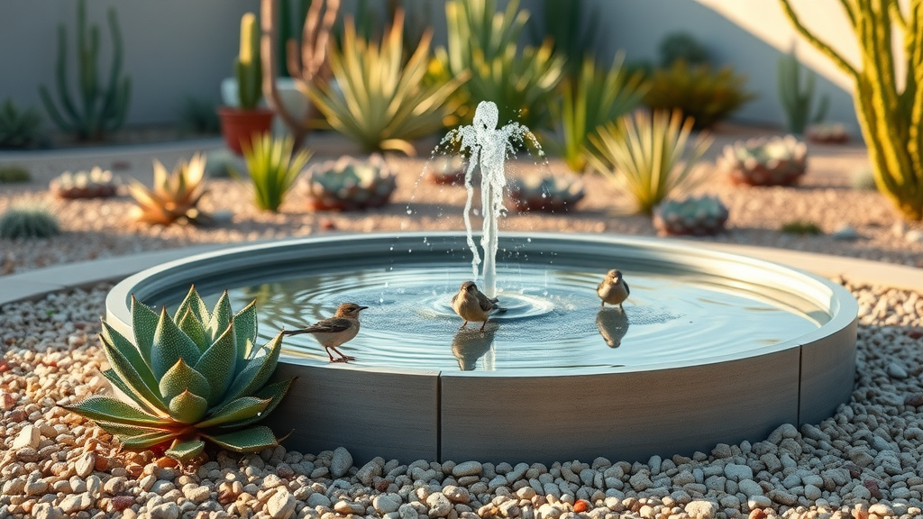 Drought-tolerant San Diego landscape, recirculating fountain with succulents, xeriscape garden, small birds near water