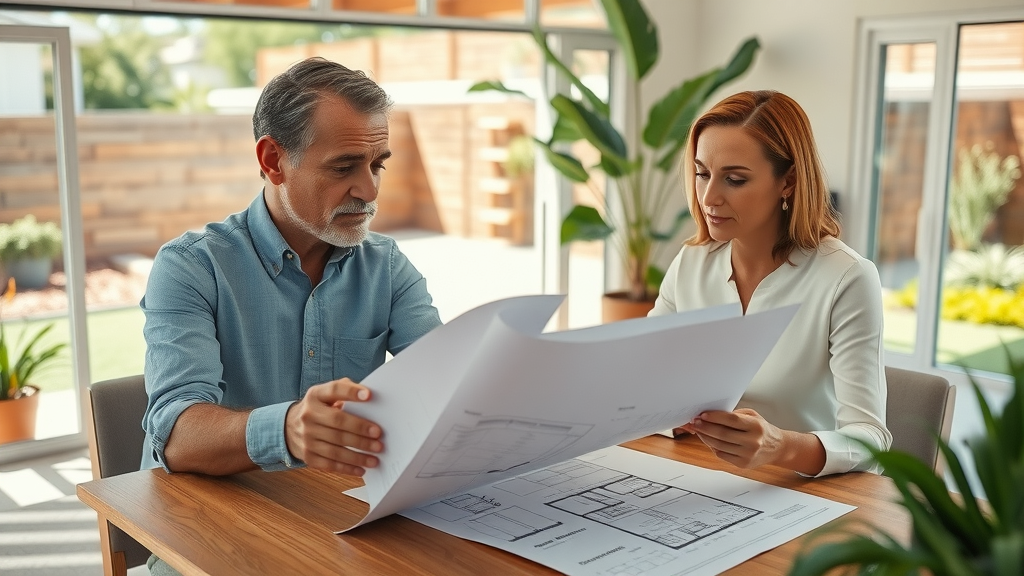 San Diego homeowner and landscape architect reviewing blueprints and plant options in a bright indoor-outdoor setting with garden views
