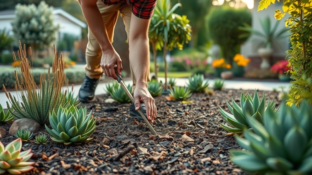 eco-friendly landscape maintenance san diego ca, organic mulch, native plants, technician in green garden