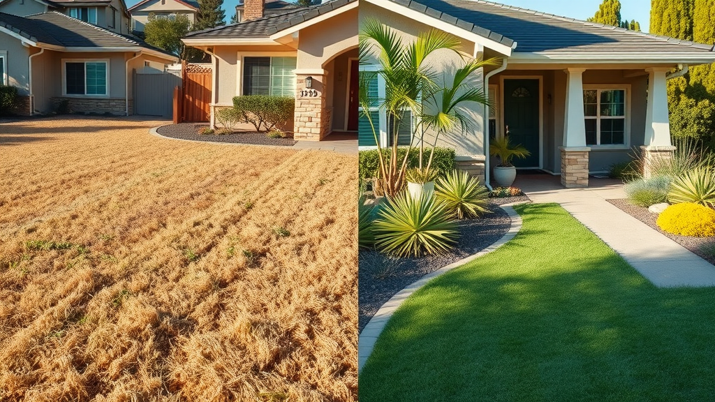San Diego front yard before-and-after: dry neglected lawn transitions to vibrant eco-friendly landscape with native, drought-tolerant plants