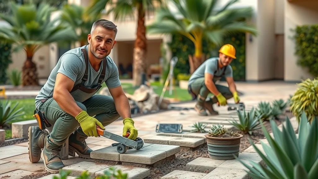 Professional landscape contractors at work installing stone pavers and greenery in a San Diego yard