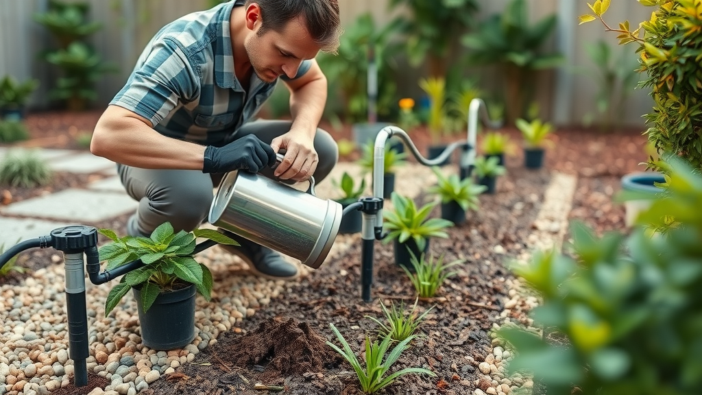 Gardener adjusting drip irrigation and spreading compost among drought-tolerant plants in a San Diego backyard garden under soft outdoor light