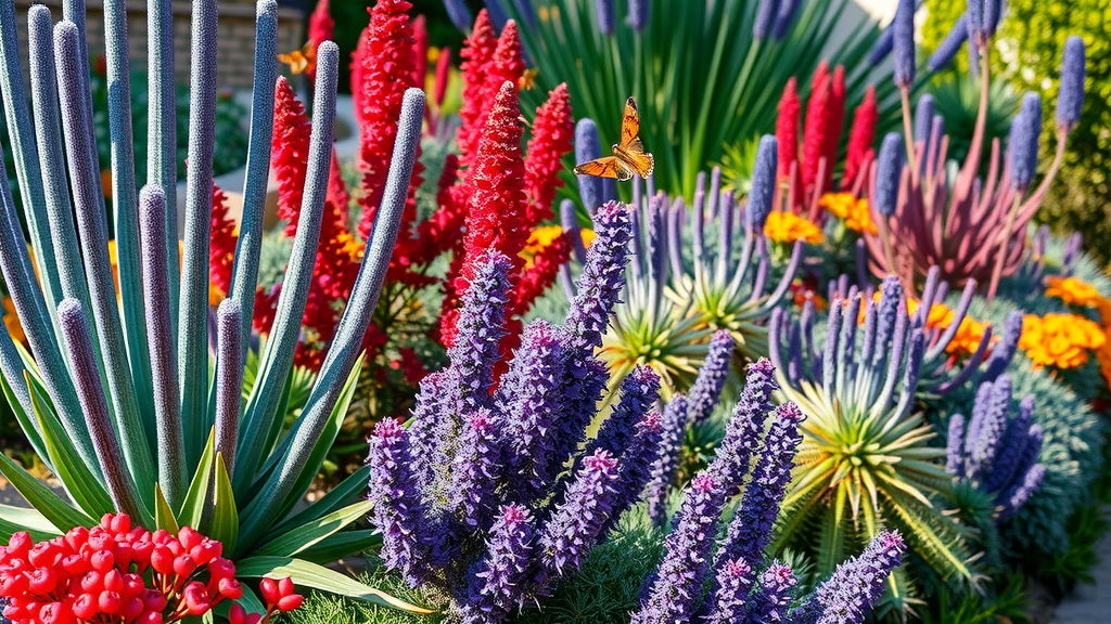 Vibrant drought-tolerant garden border in San Diego with blue chalksticks, red yucca, purple sage, and butterflies under bright dappled sunlight
